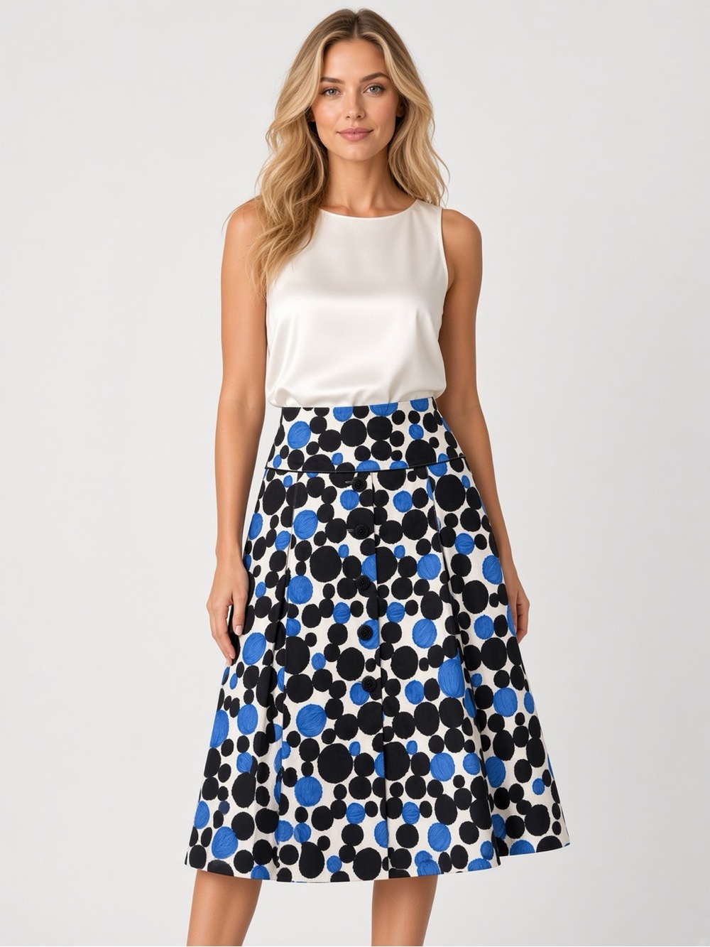 Becky & Max NY Blue Black Circle Print A-Line Skirt Size 12 Unique Buttons